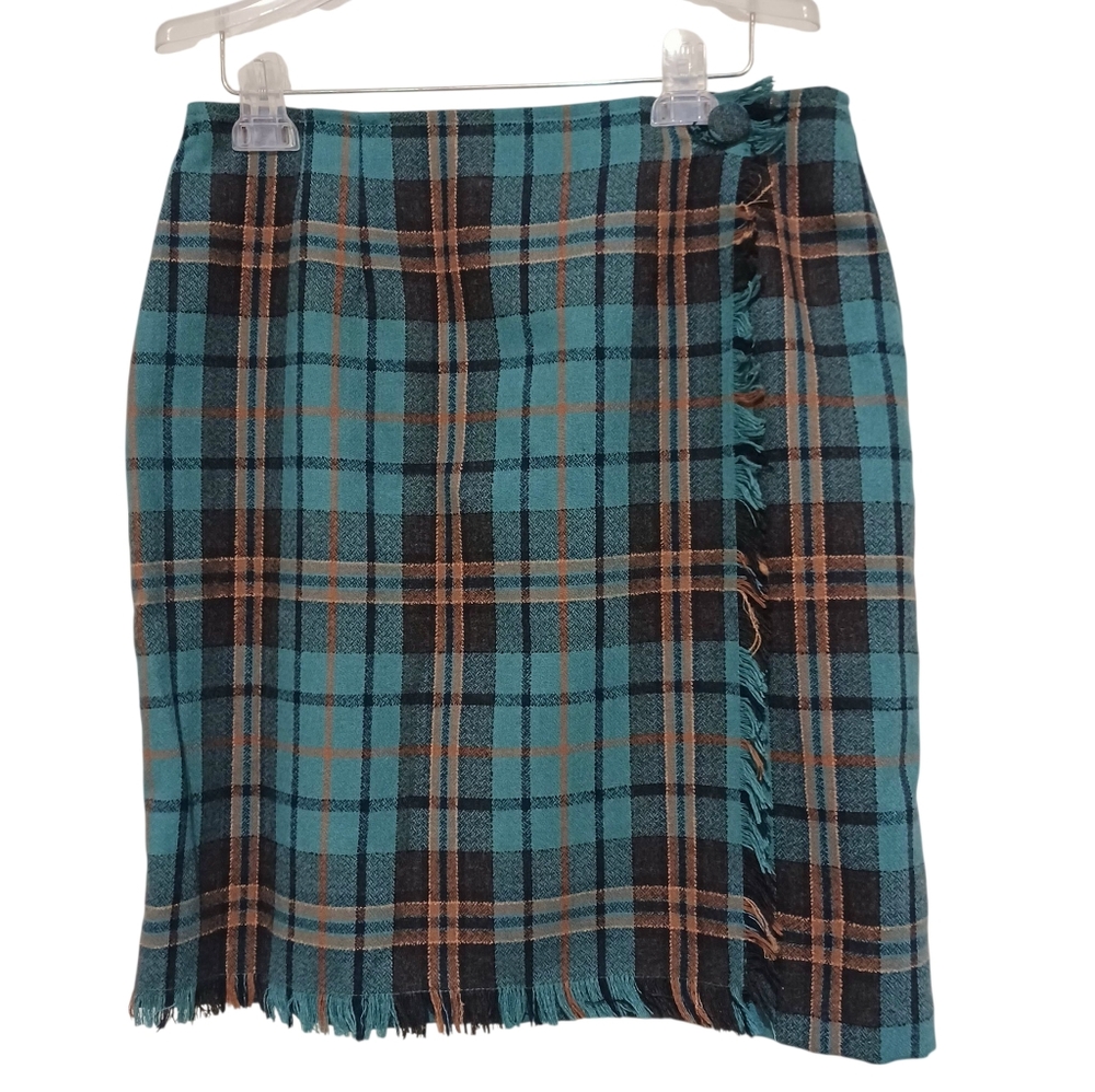 VTG Forenza 90s Wrap Skirt Wool Blend Plaid Fringe Sz 14 Vintage Academia Preppy